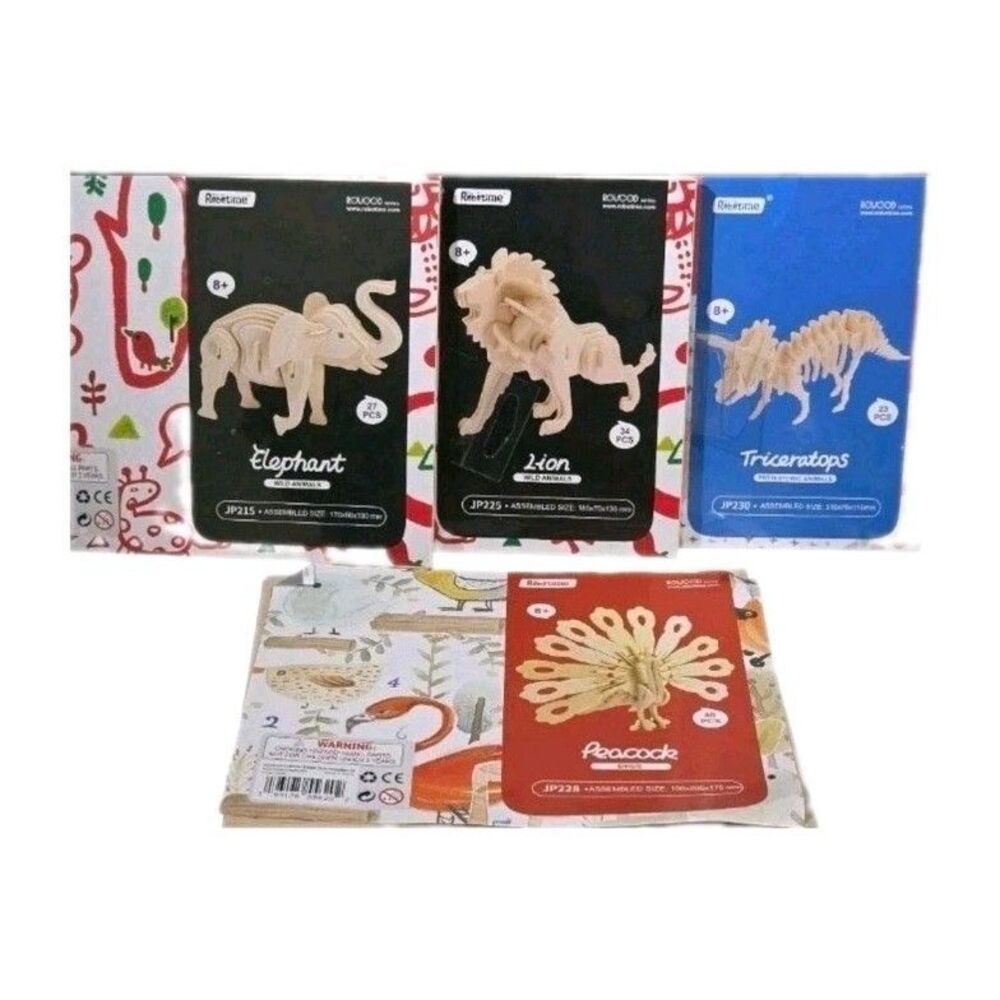 Robotime Wooden 3D Animal Puzzles Lot of 4 Elephant Lion Peacock Triceratops